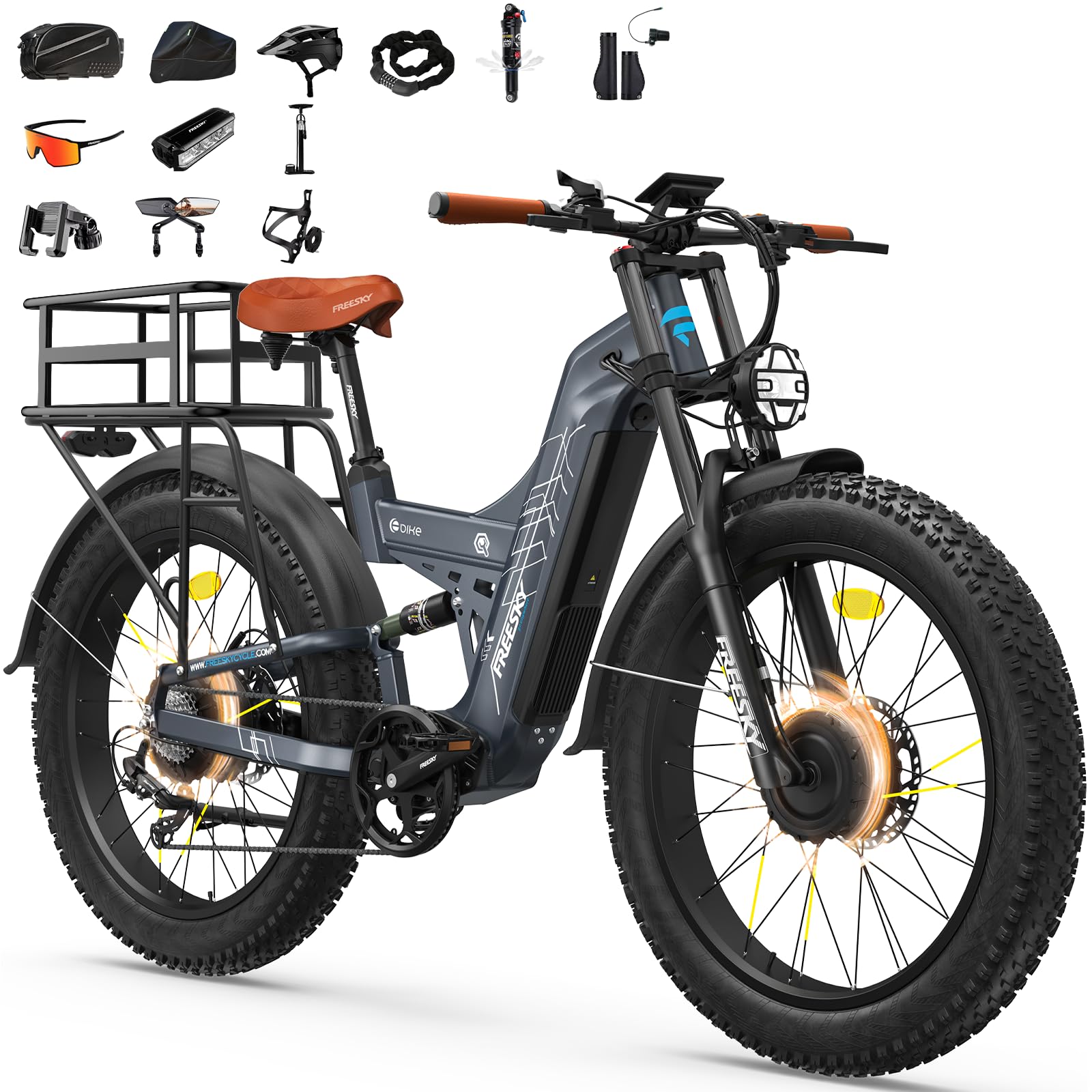 FREESKY Warrior Pro 240NM Dual Motor Electric Bike for Adults, 48V 30Ah LG Cells Battery 190KM Long Range AWD Electric Mountain Bike, 26" Fat tyre All-Terrain Electric Bicycle Full Suspension E-Bike