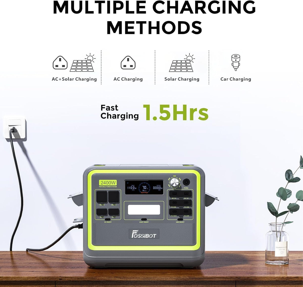 FOSSiBOT Update F2400 Portable Power Station for air conditioning | Lightweight, silent, and 2048Wh LiFePO4,3 x 240V AC Outputs 2400W,100W USB-C Output,for RV/Camping/Home/emergency