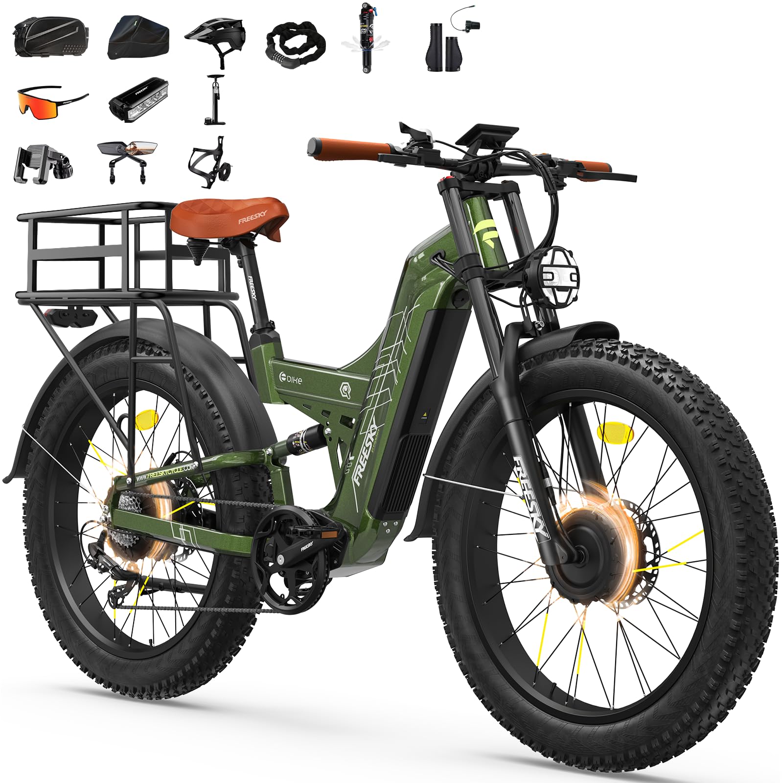 FREESKY Warrior Pro 240NM Dual Motor Electric Bike for Adults, 48V 30Ah LG Cells Battery 190KM Long Range AWD Electric Mountain Bike, 26" Fat tyre All-Terrain Electric Bicycle Full Suspension E-Bike