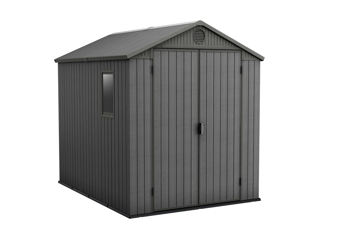 Keter Darwin 6x8ft Outdoor Resin Garden Shed – Brown Evotech+ Wood-Look | Waterproof Resin Storage for Tools & Bikes | Double Doors | Lockable | 15 Yr Warranty | Zero Maintenance