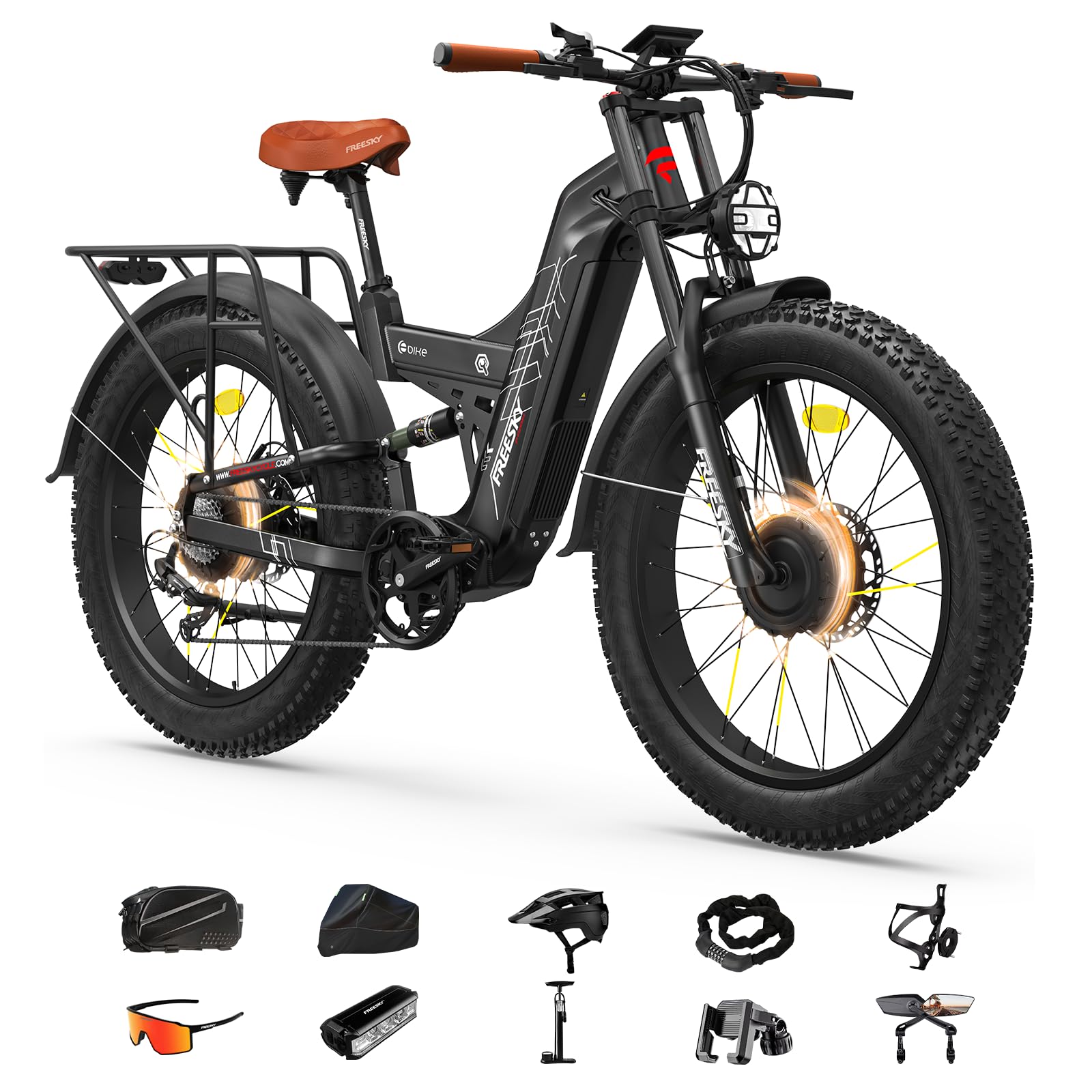 FREESKY Warrior Pro 240NM Dual Motor Electric Bike for Adults, 48V 30Ah LG Cells Battery 190KM Long Range AWD Electric Mountain Bike, 26" Fat tyre All-Terrain Electric Bicycle Full Suspension E-Bike