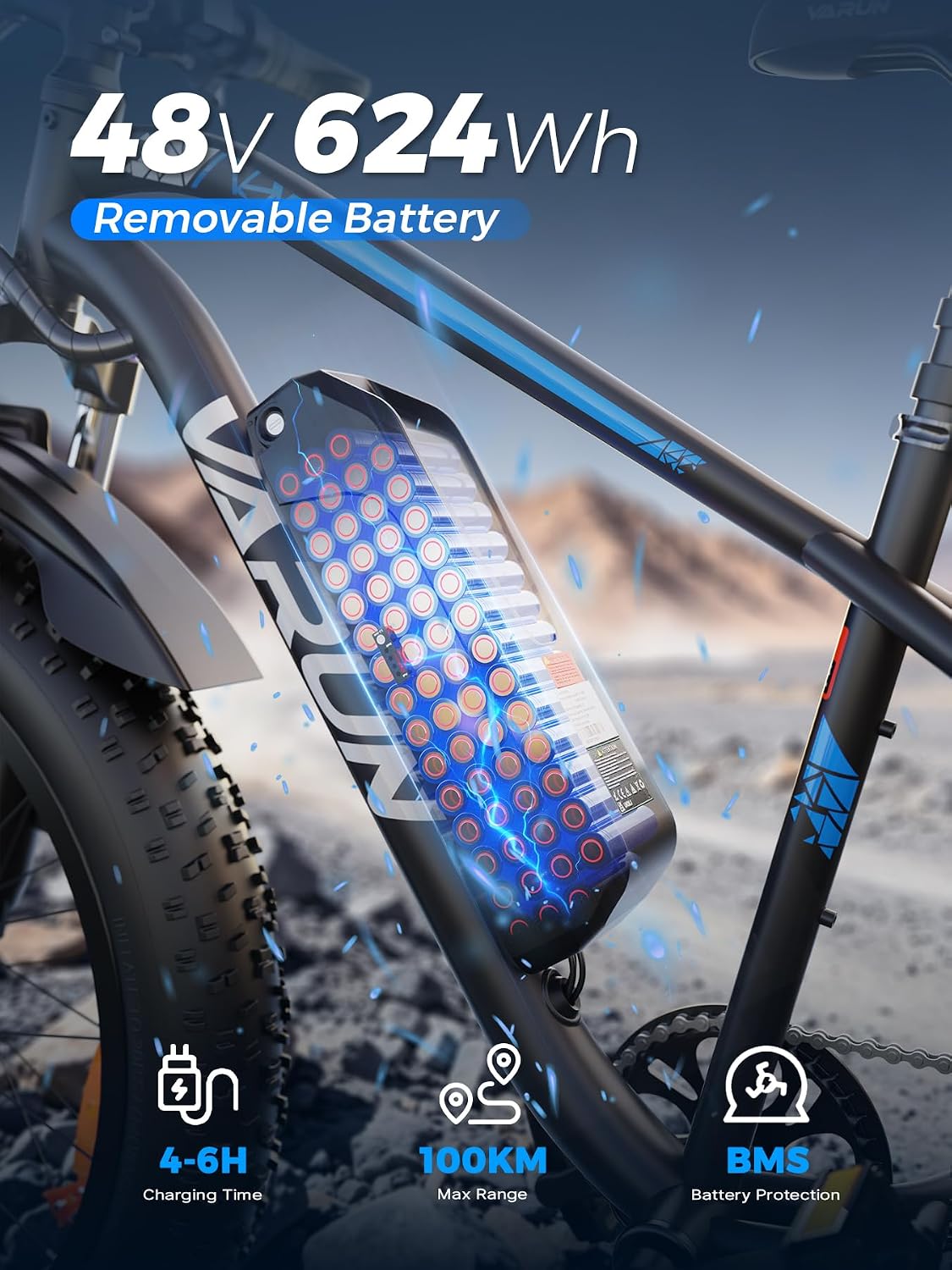 VARUN Electric Bike, 26''* 4.0 Fat Tire E Bike,100-150km Max Range | 48V 13AH/18AH Lithium Battery, 250W Motor, LCD Display with 5 PAS, 7 Speed, All Terrains