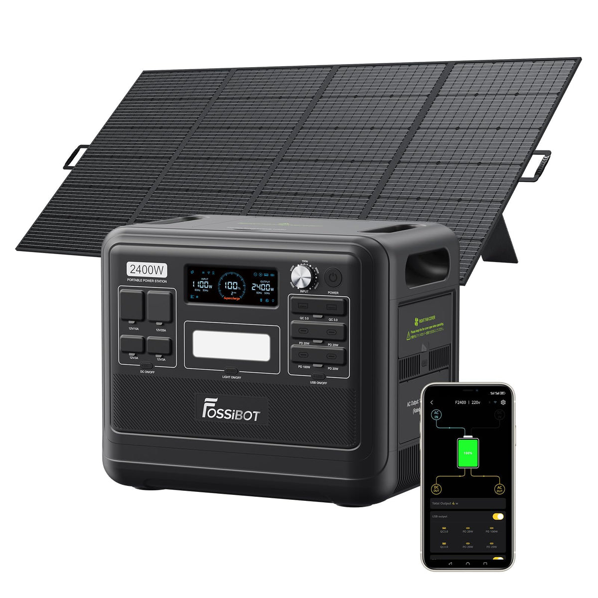FOSSiBOT Update F2400 Portable Power Station for air conditioning | Lightweight, silent, and 2048Wh LiFePO4,3 x 240V AC Outputs 2400W,100W USB-C Output,for RV/Camping/Home/emergency
