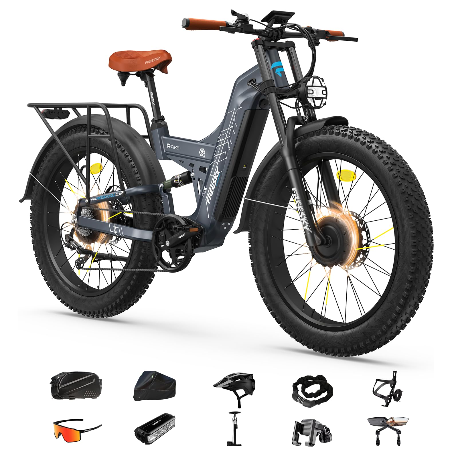 FREESKY Warrior Pro 240NM Dual Motor Electric Bike for Adults, 48V 30Ah LG Cells Battery 190KM Long Range AWD Electric Mountain Bike, 26" Fat tyre All-Terrain Electric Bicycle Full Suspension E-Bike