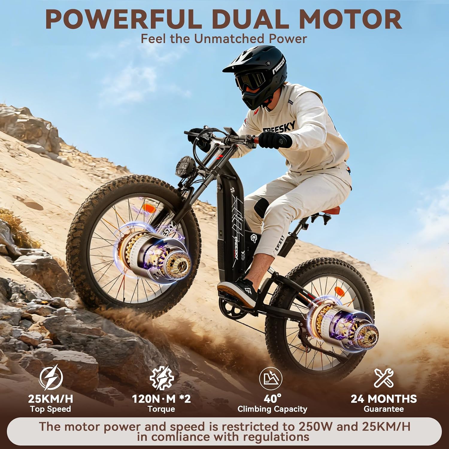 FREESKY Warrior Pro 240NM Dual Motor Electric Bike for Adults, 48V 30Ah LG Cells Battery 190KM Long Range AWD Electric Mountain Bike, 26" Fat tyre All-Terrain Electric Bicycle Full Suspension E-Bike
