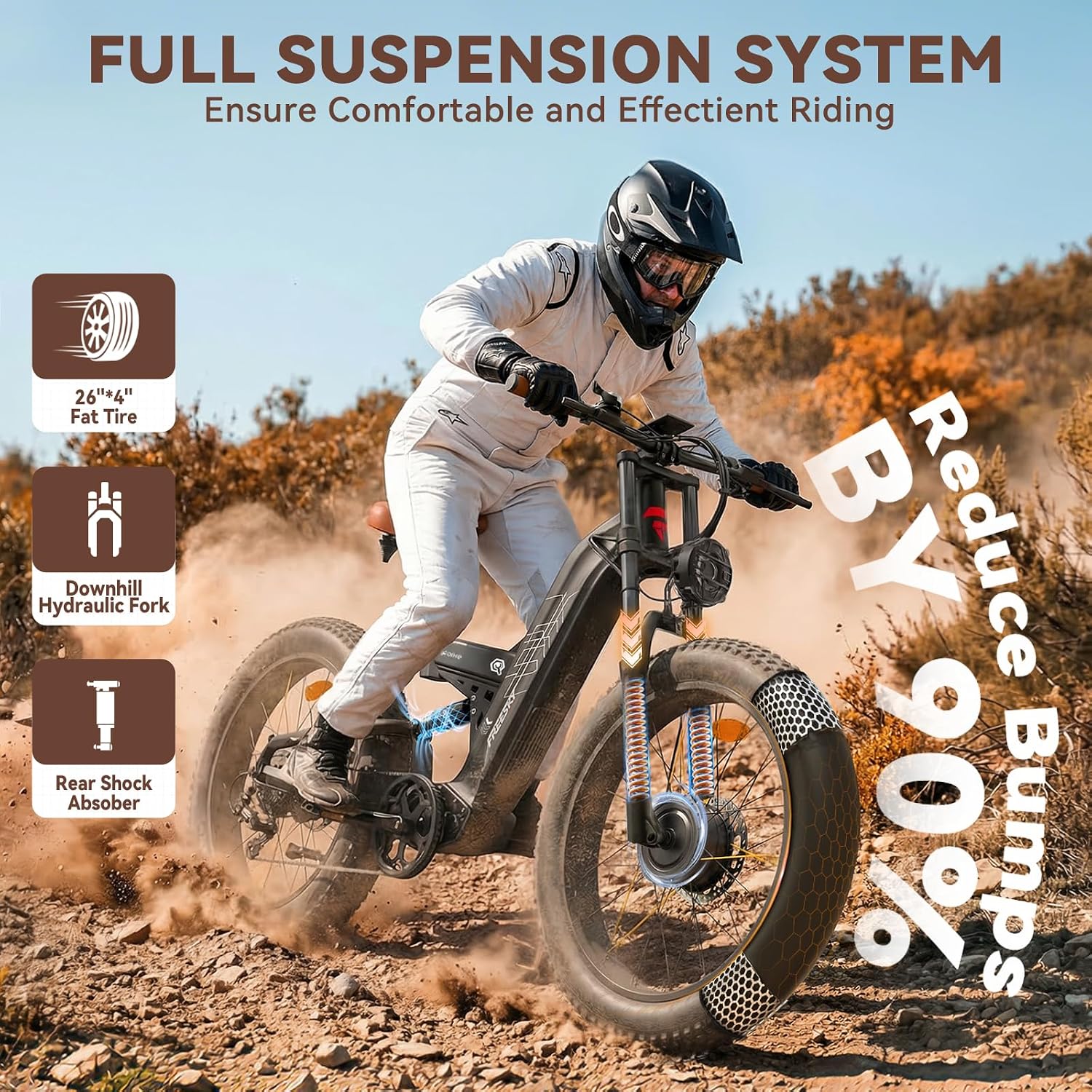 FREESKY Warrior Pro 240NM Dual Motor Electric Bike for Adults, 48V 30Ah LG Cells Battery 190KM Long Range AWD Electric Mountain Bike, 26" Fat tyre All-Terrain Electric Bicycle Full Suspension E-Bike
