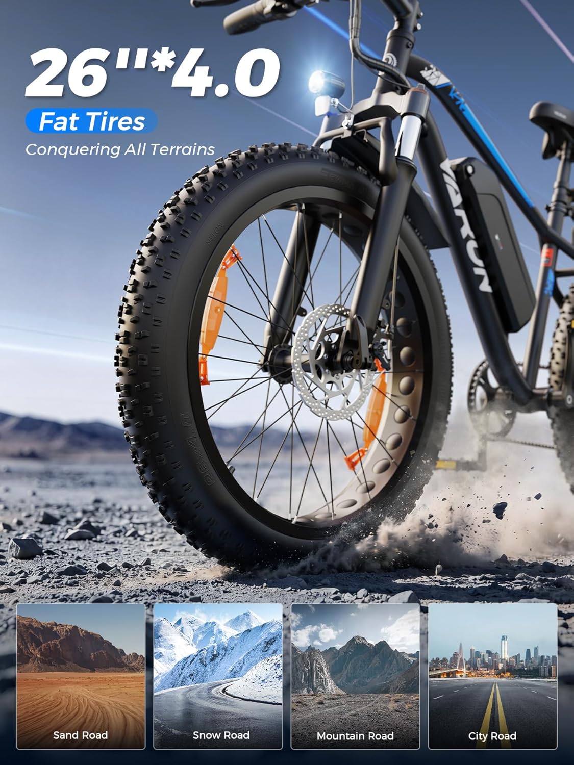 VARUN Electric Bike, 26''* 4.0 Fat Tire E Bike,100-150km Max Range | 48V 13AH/18AH Lithium Battery, 250W Motor, LCD Display with 5 PAS, 7 Speed, All Terrains