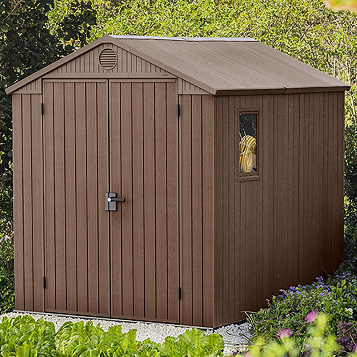 Keter Darwin 6x8ft Outdoor Resin Garden Shed – Brown Evotech+ Wood-Look | Waterproof Resin Storage for Tools & Bikes | Double Doors | Lockable | 15 Yr Warranty | Zero Maintenance