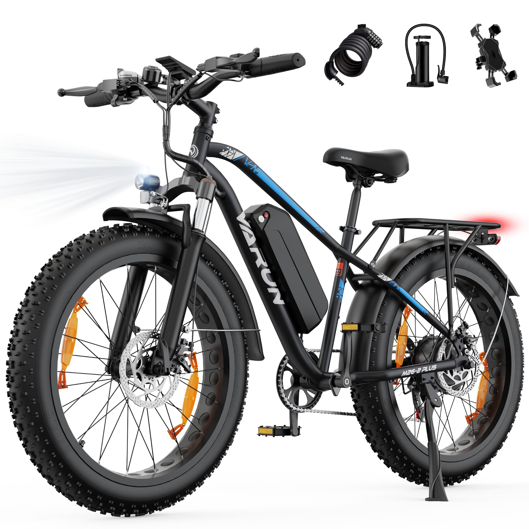 VARUN 26" 4.0 Fat Tire Electric Bike with 48V 18Ah Battery, 95+ Miles Range | 250W 80Nm Motor, Rear Rack, Max 330LBS, 7 Speed, All-Terrain Electric Bicycle for Off Road & Commute