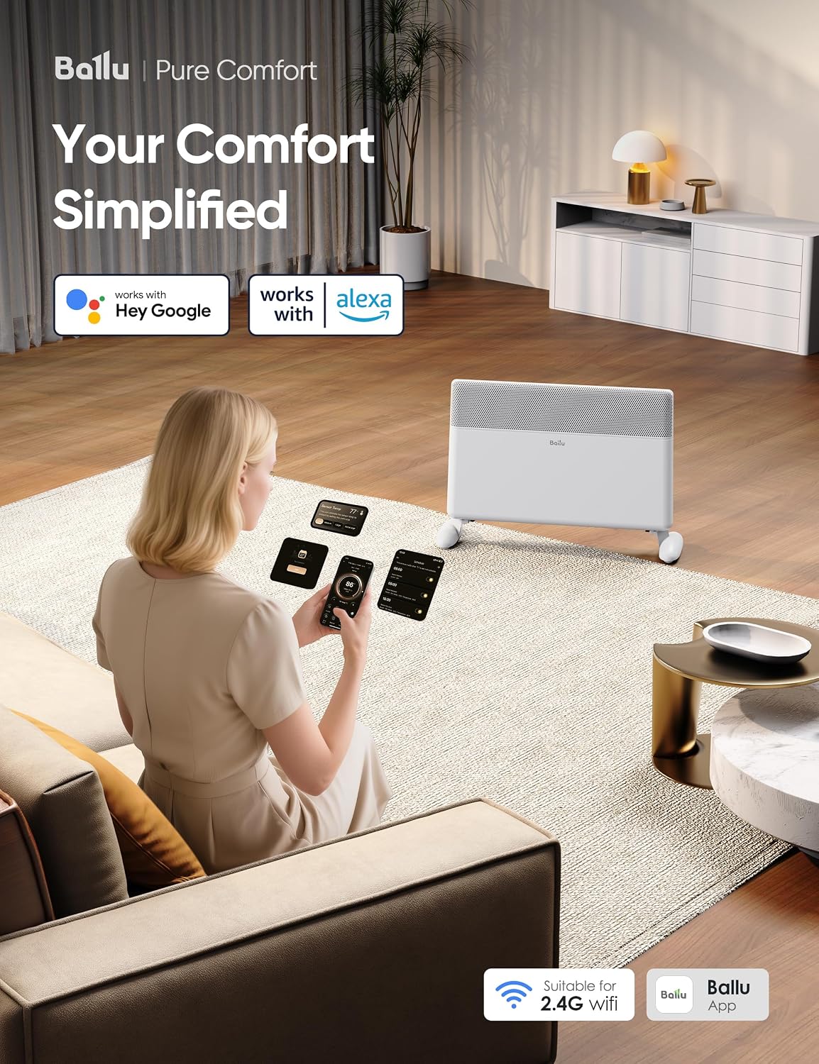 Ballu 2000W Smart WiFi Electric Panel Heater Wall Mounted & Freestanding