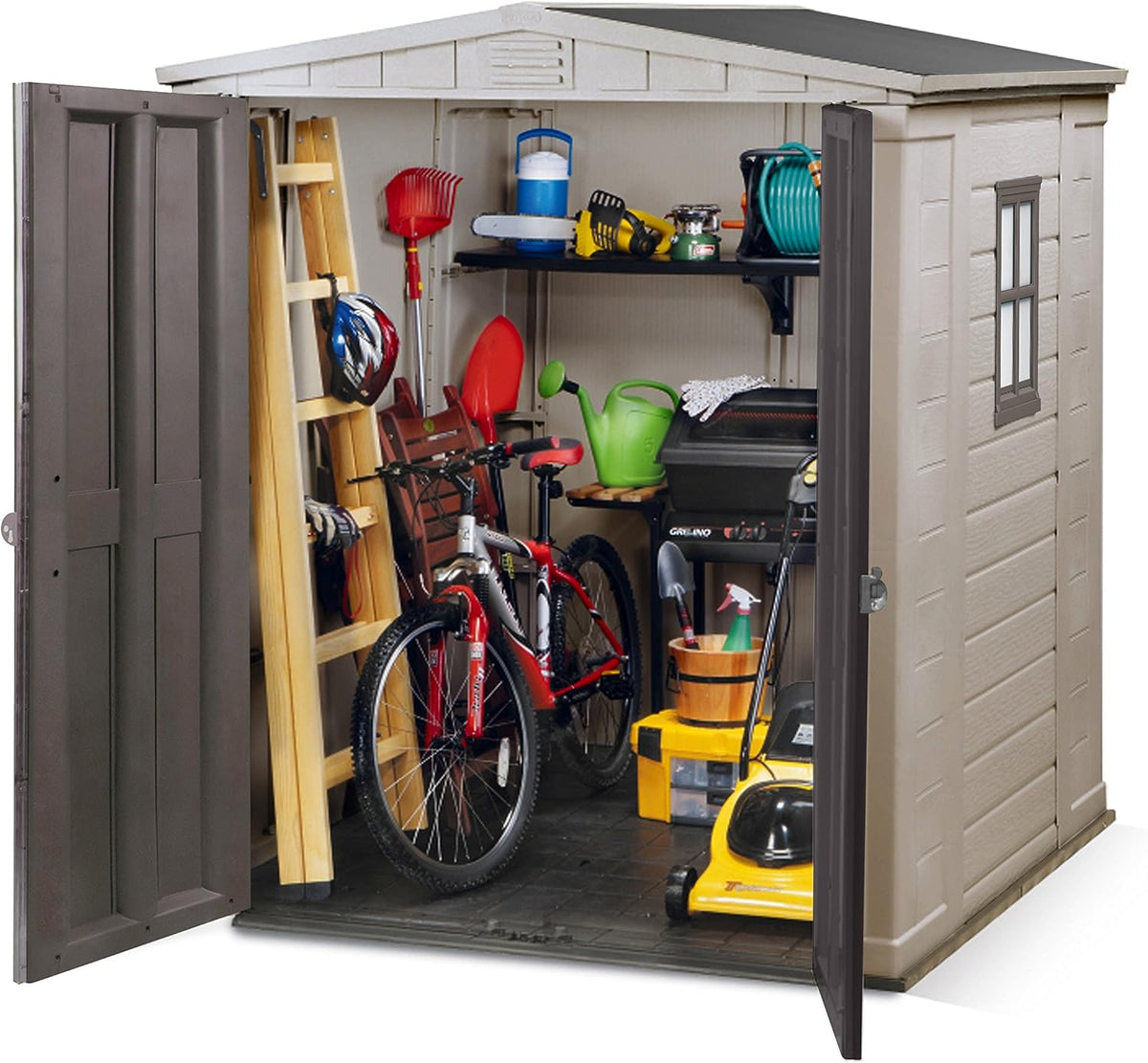 Keter Factor Outdoor Apex Double Door Garden Storage Shed 6 x 6ft Beige Brown Wood effect | Fade Free | All Weather Resistant | Safe and Secure | Zero Maintenance | 15 year Warranty