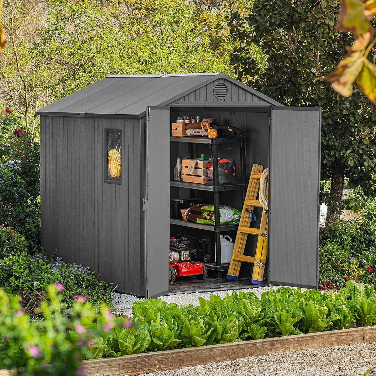 Keter Darwin Outdoor Apex Double Door Garden Storage Shed 6 x 8ft Grey Evotech+ Wood Look and Feel | Fade Free | All Weather Resistant | Safe and Secure | Zero Maintenance | 15 year Warranty