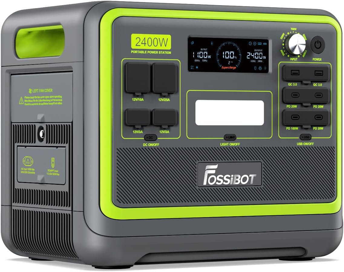FOSSiBOT Update F2400 Portable Power Station for air conditioning | Lightweight, silent, and 2048Wh LiFePO4,3 x 240V AC Outputs 2400W,100W USB-C Output,for RV/Camping/Home/emergency