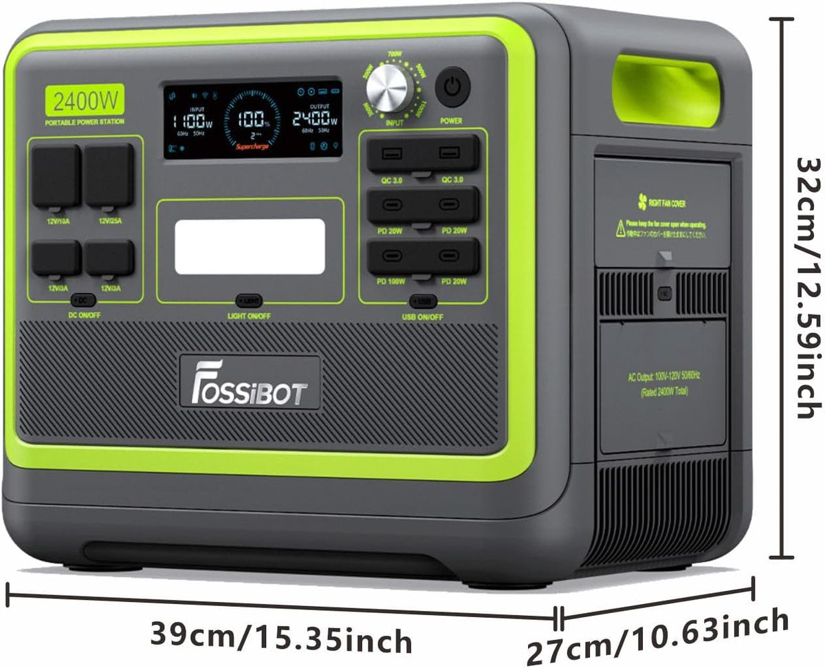 FOSSiBOT Update F2400 Portable Power Station for air conditioning | Lightweight, silent, and 2048Wh LiFePO4,3 x 240V AC Outputs 2400W,100W USB-C Output,for RV/Camping/Home/emergency