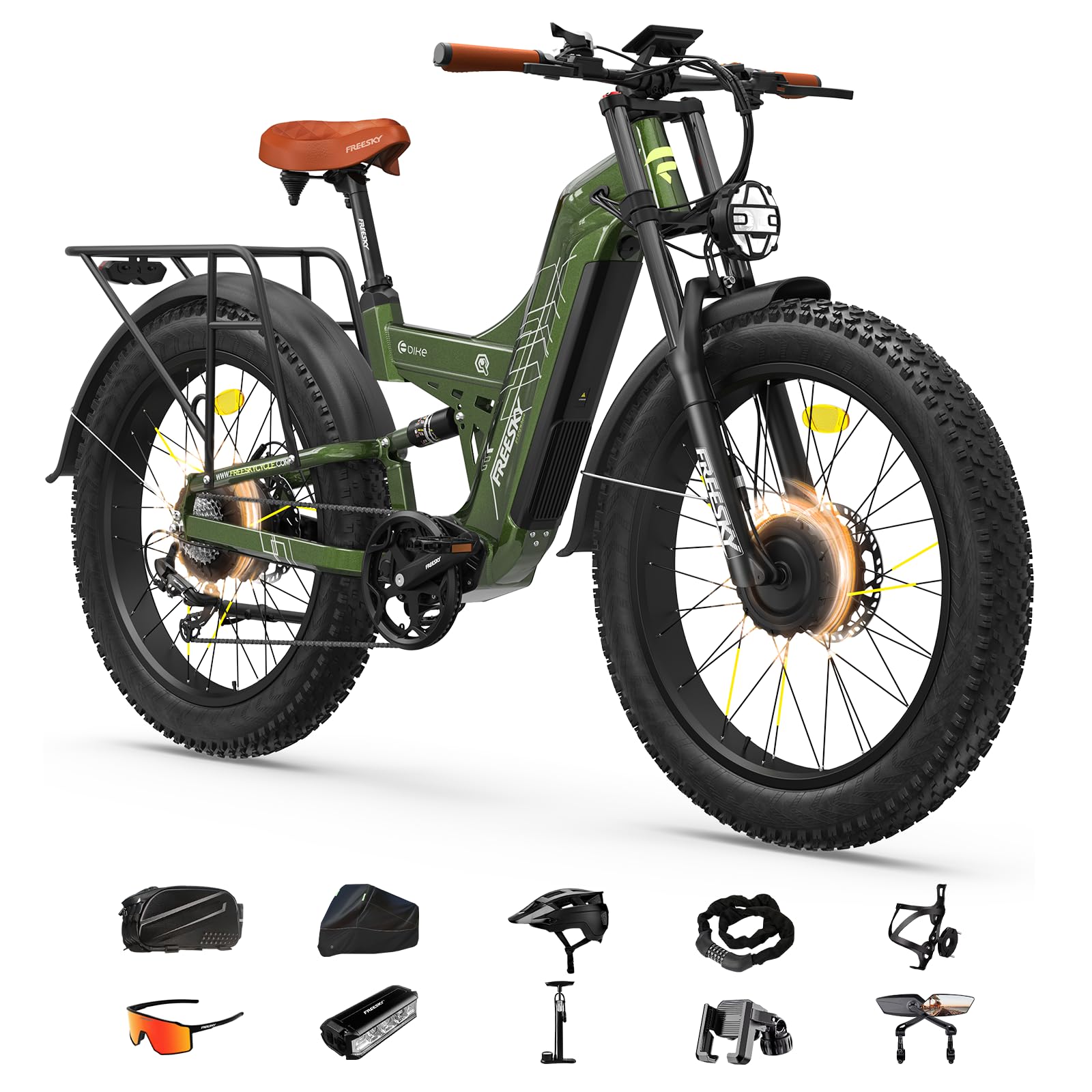 FREESKY Warrior Pro 240NM Dual Motor Electric Bike for Adults, 48V 30Ah LG Cells Battery 190KM Long Range AWD Electric Mountain Bike, 26" Fat tyre All-Terrain Electric Bicycle Full Suspension E-Bike