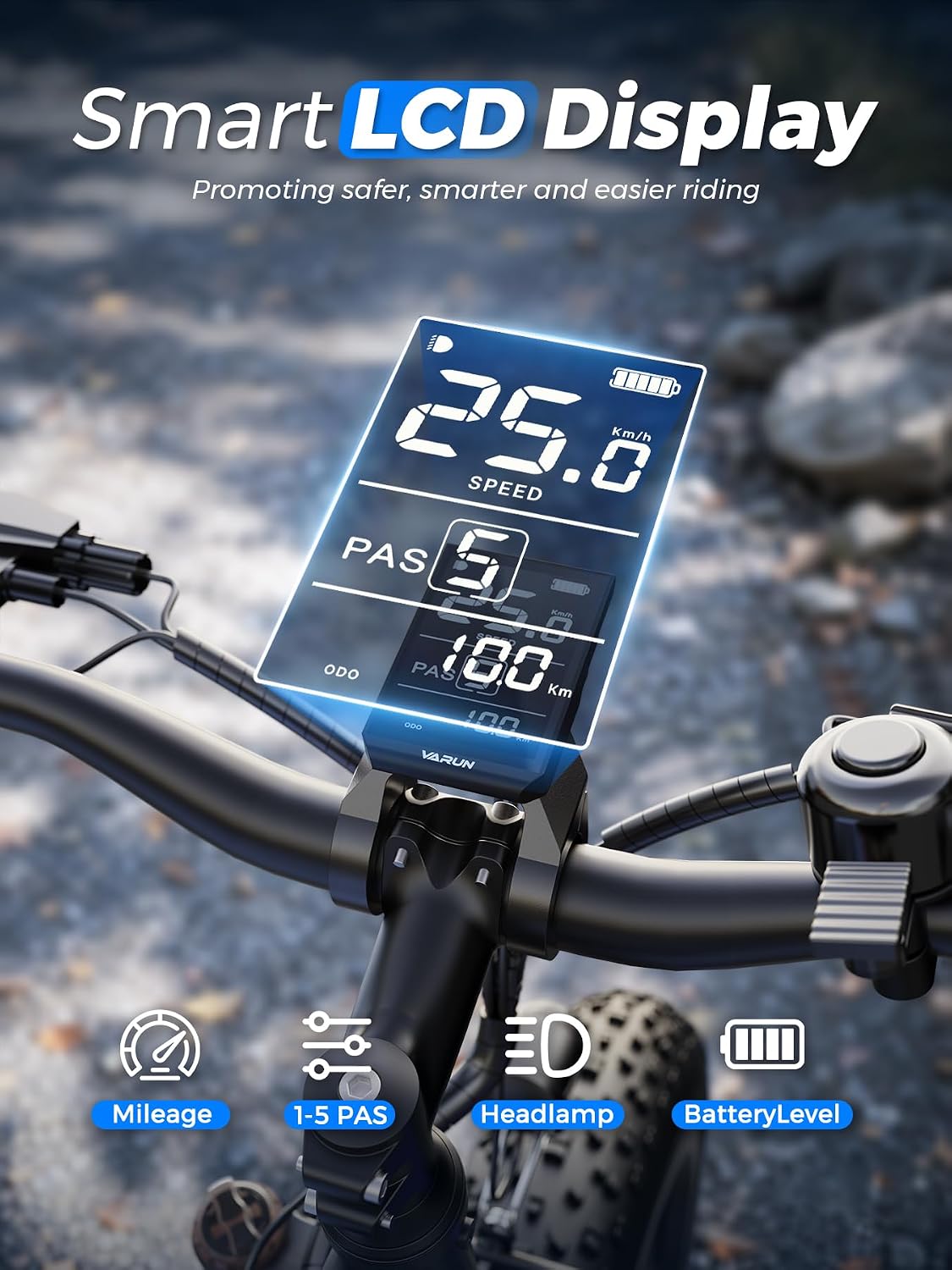 VARUN Electric Bike, 26''* 4.0 Fat Tire E Bike,100-150km Max Range | 48V 13AH/18AH Lithium Battery, 250W Motor, LCD Display with 5 PAS, 7 Speed, All Terrains