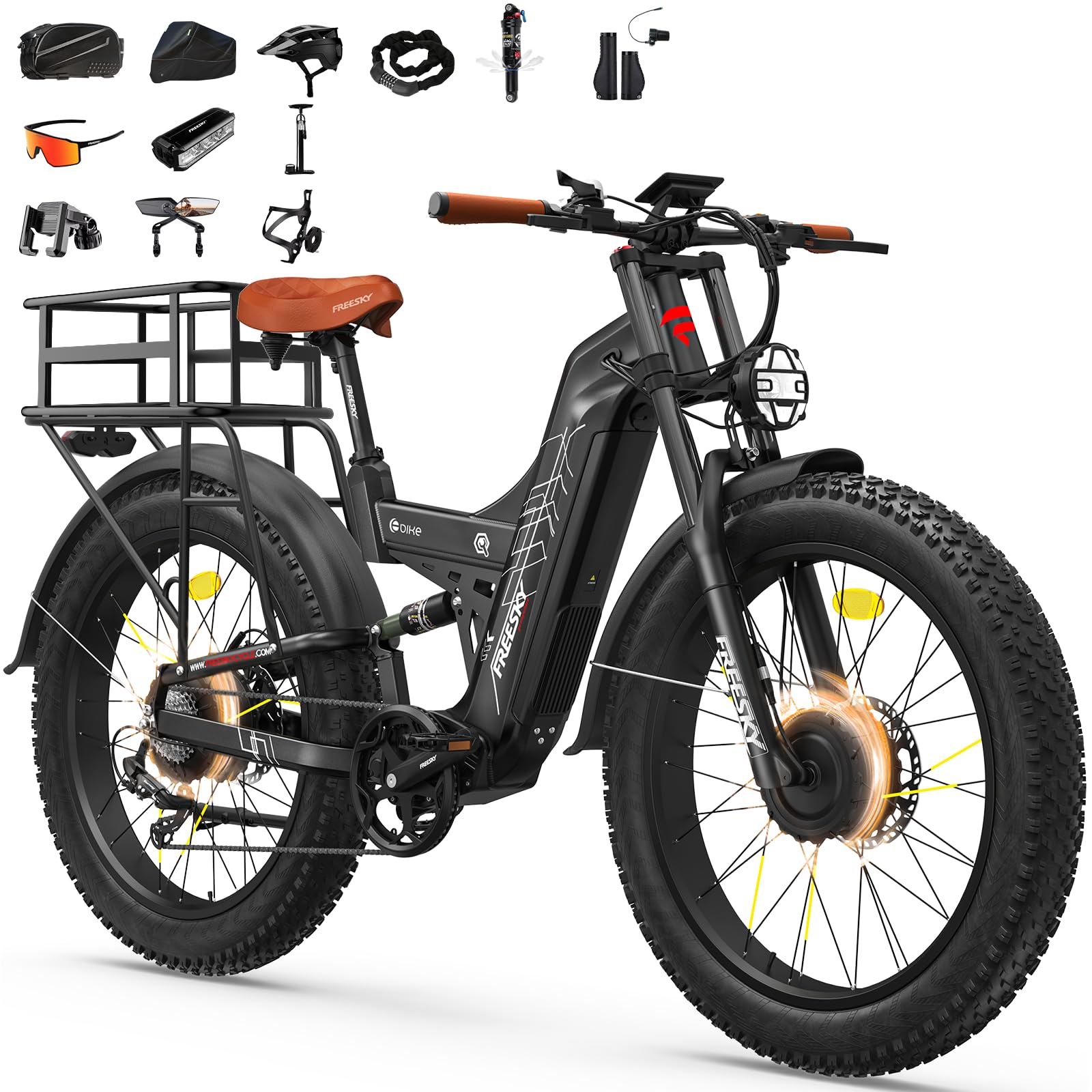 FREESKY Warrior Pro 240NM Dual Motor Electric Bike for Adults, 48V 30Ah LG Cells Battery 190KM Long Range AWD Electric Mountain Bike, 26" Fat tyre All-Terrain Electric Bicycle Full Suspension E-Bike