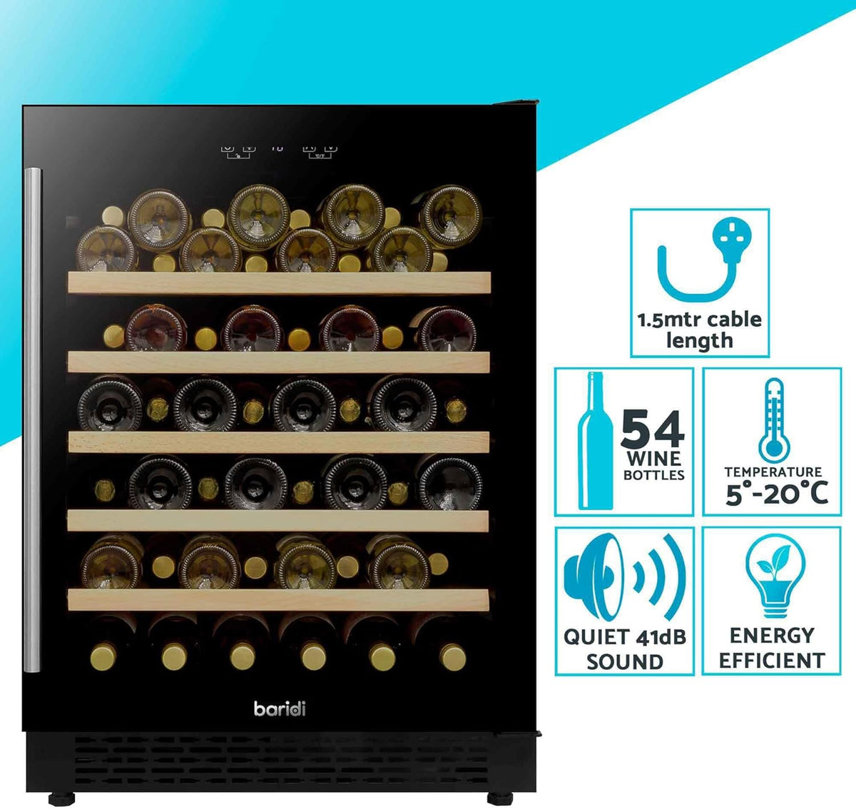 54 Bottle Wine Cellar Fridge with Digital Touch Screen Controls, 135L Capacity Cooler Cabinet, Black - DH78