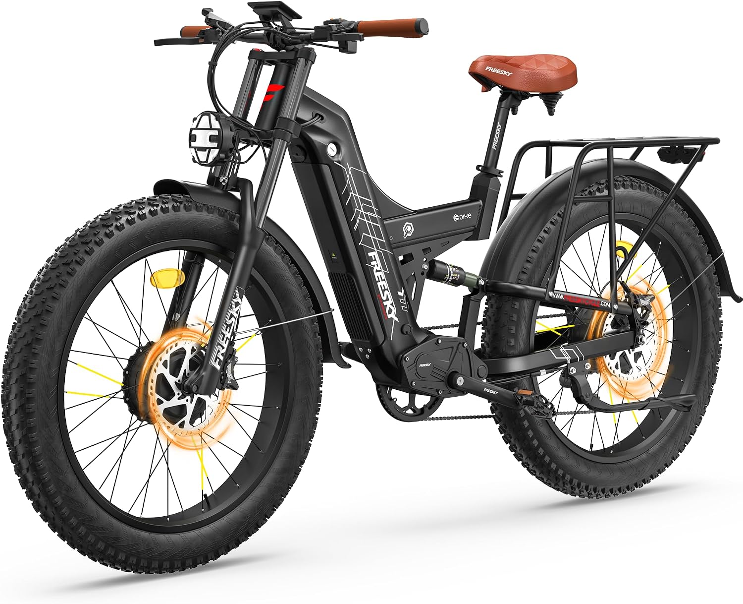 FREESKY Warrior Pro 240NM Dual Motor Electric Bike for Adults, 48V 30Ah LG Cells Battery 190KM Long Range AWD Electric Mountain Bike, 26" Fat tyre All-Terrain Electric Bicycle Full Suspension E-Bike