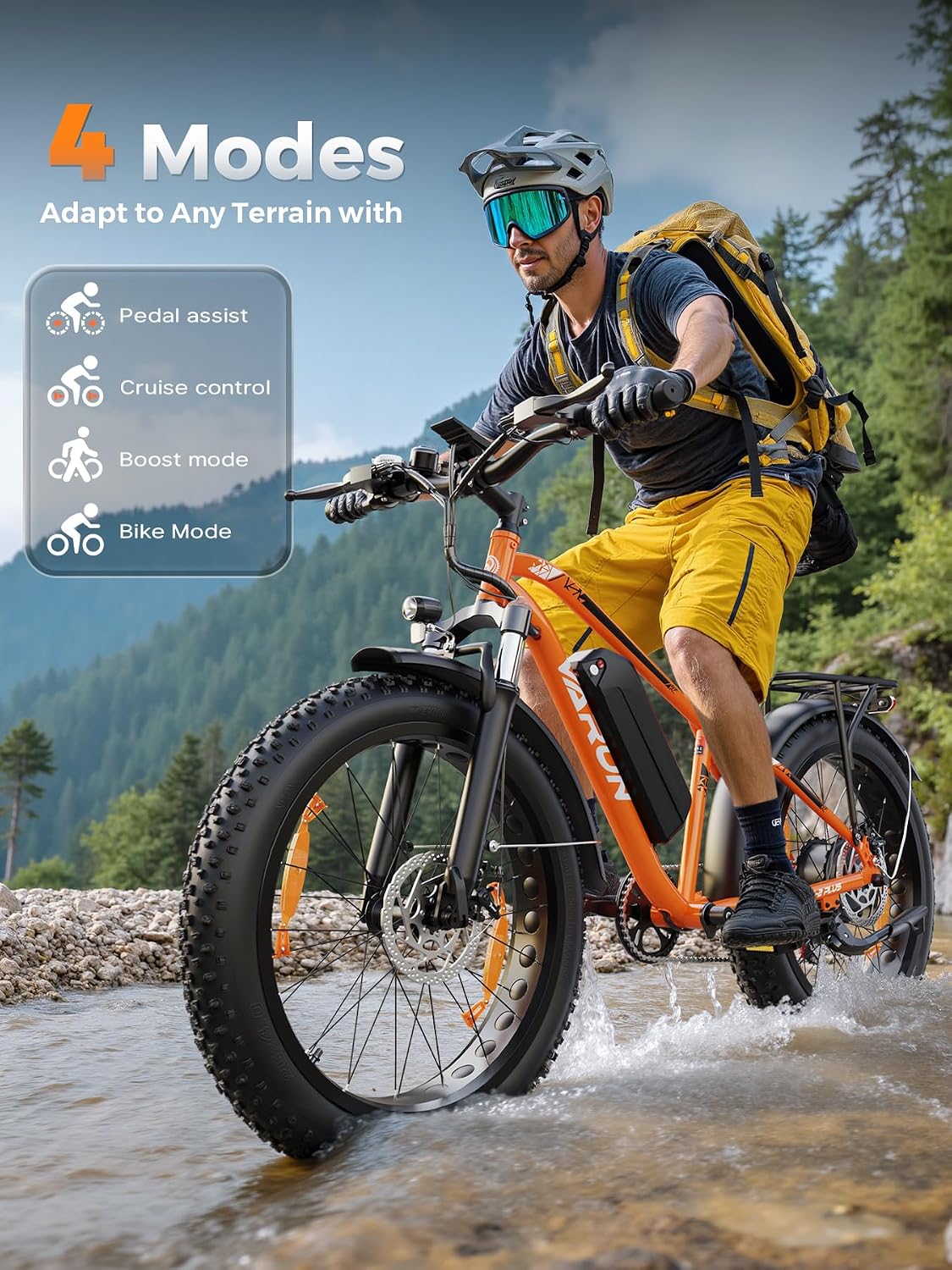 VARUN 26" 4.0 Fat Tire Electric Bike with 48V 18Ah Battery, 95+ Miles Range | 250W 80Nm Motor, Rear Rack, Max 330LBS, 7 Speed, All-Terrain Electric Bicycle for Off Road & Commute