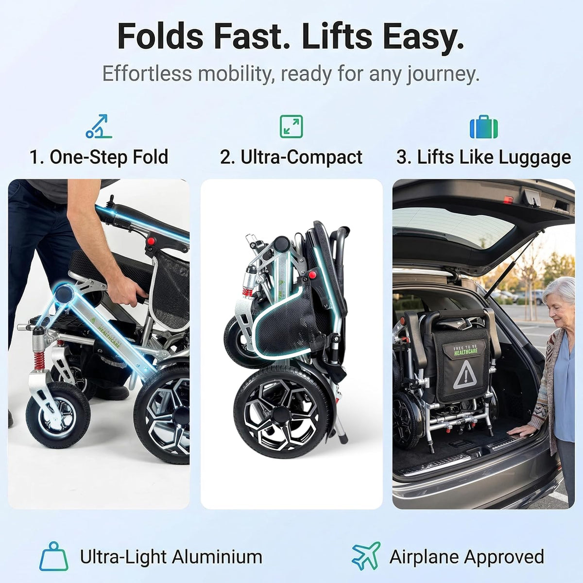 Free to Be Ultra Lightweight Folding Electric Wheelchair Aluminium | Compact Powerchair 20kg Travel Transit Mobility Equipment Silver UK Seller