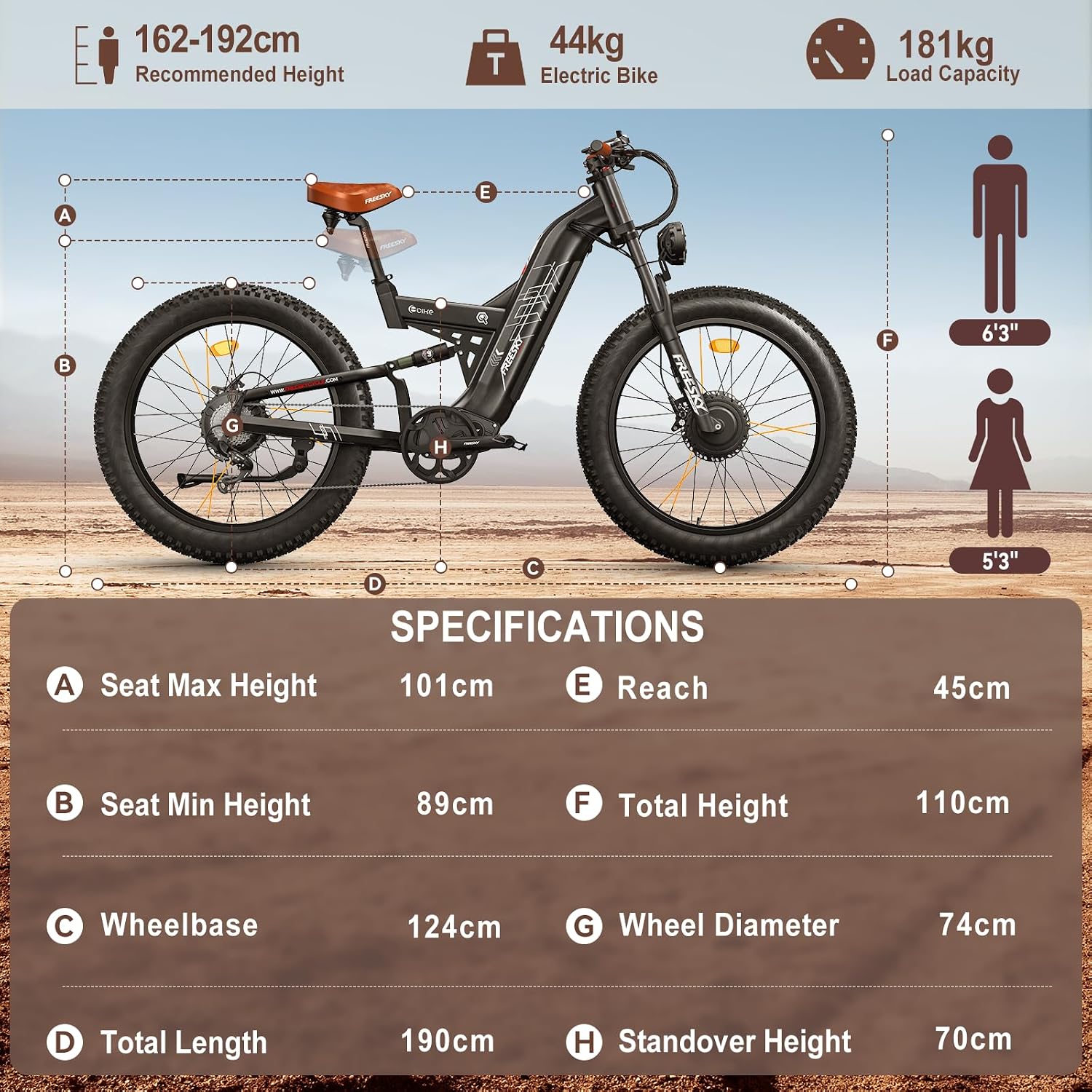 FREESKY Warrior Pro 240NM Dual Motor Electric Bike for Adults, 48V 30Ah LG Cells Battery 190KM Long Range AWD Electric Mountain Bike, 26" Fat tyre All-Terrain Electric Bicycle Full Suspension E-Bike