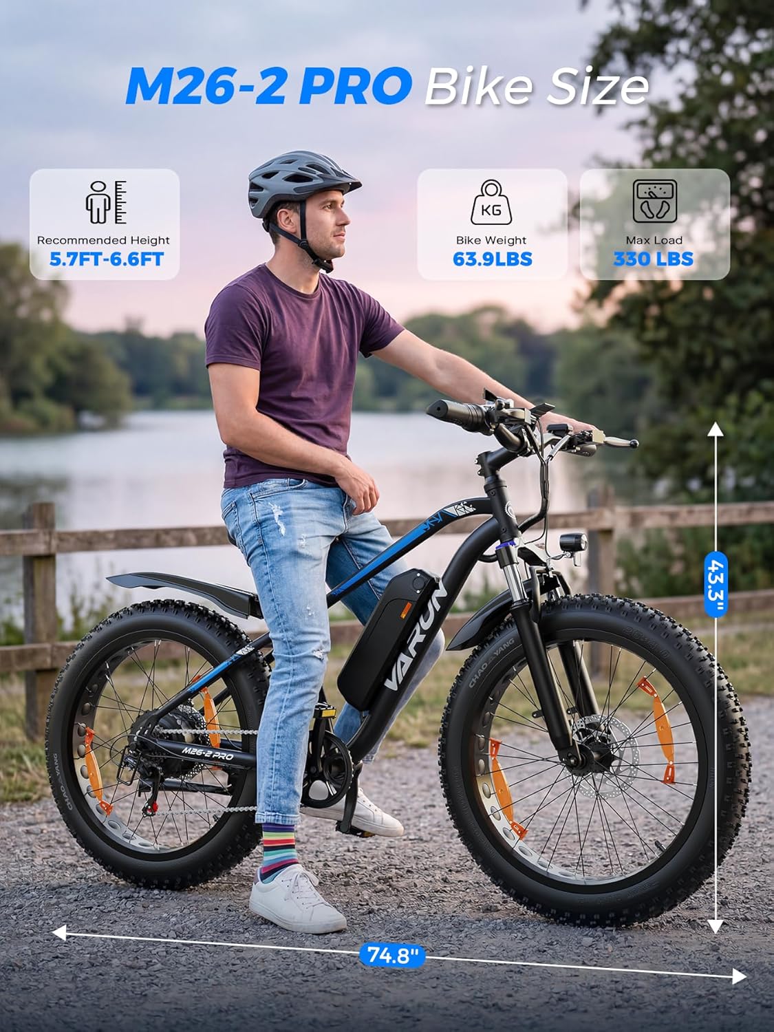 VARUN Electric Bike, 26''* 4.0 Fat Tire E Bike,100-150km Max Range | 48V 13AH/18AH Lithium Battery, 250W Motor, LCD Display with 5 PAS, 7 Speed, All Terrains