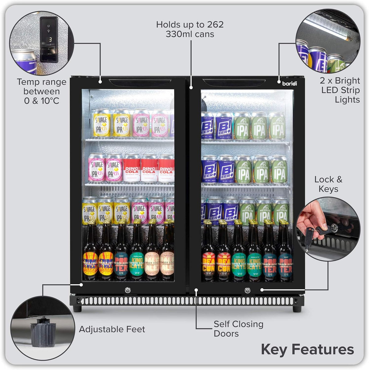 Back Bar Drinks Fridge with Hinged Double Door, 190L Capacity DH272