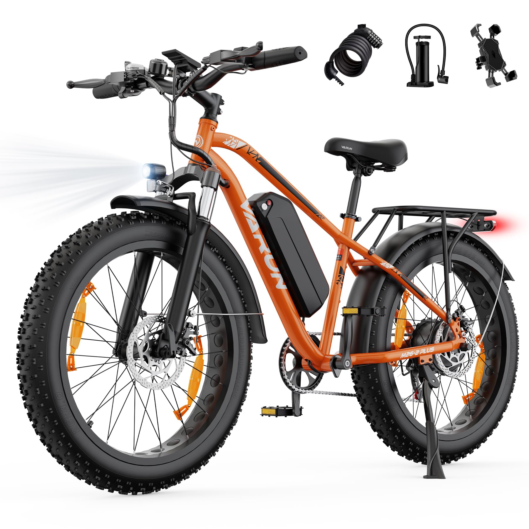 VARUN 26" 4.0 Fat Tire Electric Bike with 48V 18Ah Battery, 95+ Miles Range | 250W 80Nm Motor, Rear Rack, Max 330LBS, 7 Speed, All-Terrain Electric Bicycle for Off Road & Commute