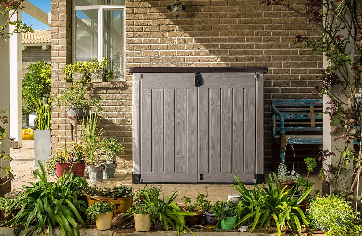 Keter Store It Out Pro Outdoor Garden Furniture Storage Shed Beige with Brown Lid Fade Free All Weather Resistant Safe and Secure Zero Maintenance 5 year Warranty