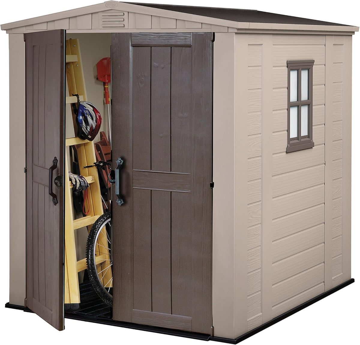 Keter Factor Outdoor Apex Double Door Garden Storage Shed 6 x 6ft Beige Brown Wood effect | Fade Free | All Weather Resistant | Safe and Secure | Zero Maintenance | 15 year Warranty